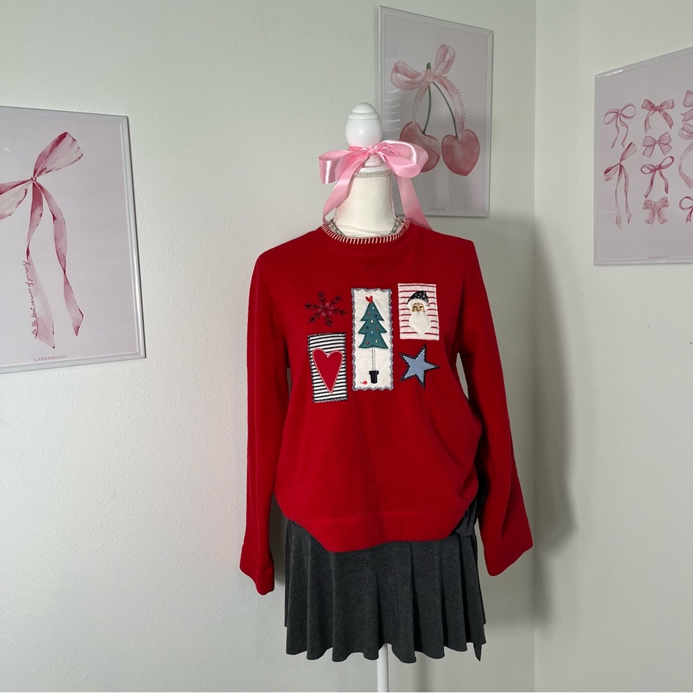 Vintage 90s Christmas Cottage Grandma‎ Fleece Patchwork Sweater Womens Small